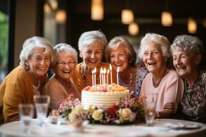 anziano donne e amici candele su compleanno torta per un' celebrazione. generativo ai foto