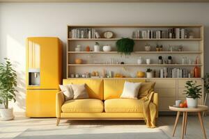 interno di cucina con giallo frigo, contatori, divano e scaffalature unità. generativo ai foto