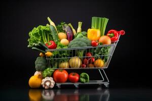 shopping carrello pieno con verdure e frutta. generativo ai foto