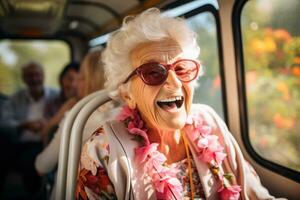 gli anziani godendo cura viaggio escursione con persone avendo divertimento su tavola di un' comodo autobus. generativo ai foto