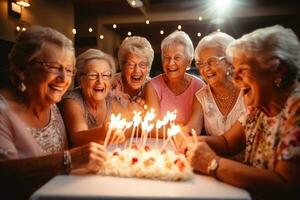 anziano donne e amici candele su compleanno torta per un' celebrazione. generativo ai foto