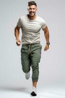 maschio jogging contento e energico generazione nel bianca sfondo. generativo ai foto