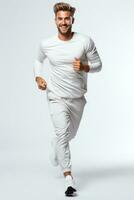 maschio jogging contento e energico generazione nel bianca sfondo. generativo ai foto