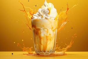 Mango frullato frappé effetto vorticoso onda Mango latte spruzzo in giro bicchiere. generativo ai foto