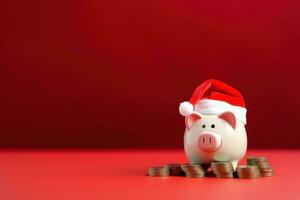 porcellino banca con Santa Claus cappello e monete su festivo rosso sfondo. generativo ai foto