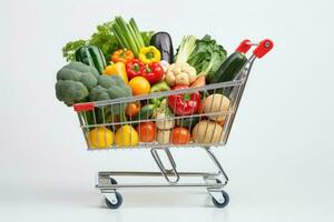 shopping carrello pieno con verdure e frutta. generativo ai foto
