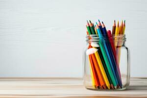 un' vaso pieno per il orlo con colorato e diverso scuola forniture minimalista. generativo ai. foto