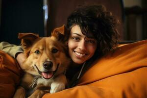 allegro donna abbracciare Amati animale domestico cane a casa su il divano, migliore amico, amicizia concetto, generativo ai foto