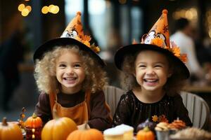 bambini trucco o trattamento con jackolantern caramella benne su Halloween foto