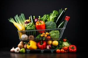 shopping carrello pieno con verdure e frutta. generativo ai foto