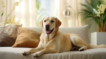 moderno vivente camera interno. carino d'oro labrador cane da riporto su divano. generativo ai foto
