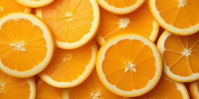 affettato arancia sfondo. fresco arancia frutta come sfondo, superiore Visualizza. generativo ai foto
