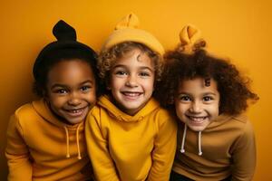 bambini festeggiare Halloween su giallo sfondo. generativo ai foto