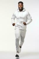 africano maschio jogging contento e energico generazione nel bianca sfondo. generativo ai foto