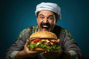 mangiare un' Hamburger di internazionale le persone. generativo ai foto