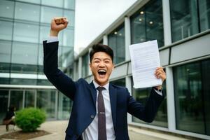 asiatico uomo il ufficio sfondo nel il completo da uomo tenuto il contrarre con uno mano e contento. generativo ai foto