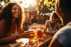 amicizia concetto, gruppo di contento amici avendo birra festa nel estate giorno. generativo ai foto