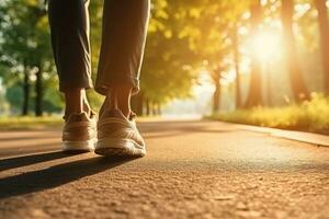 estate scarpe su il asfalto strada nel il sole - tempo per estate in esecuzione. generativo ai foto