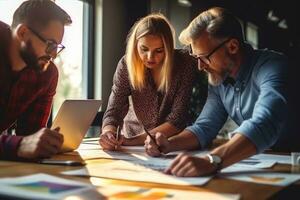 gruppo di contabili porzione un' cliente a un' tavolo attraverso loro finanziario dichiarazioni. generativo ai foto