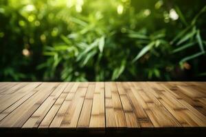 vuoto tavolo superficie no oggetti su il tavolo, sfocato bambù foresta nel il sfondo. generativo ai foto