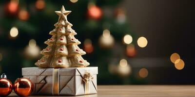 regalo scatola con mini Natale albero vicino su, vuoto spazio. generativo ai foto