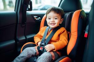 bambino è giocando con presto infanzia formazione scolastica giocattoli nel il macchina, auto posto a sedere. generativo ai foto