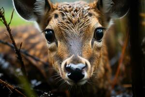 un' avvicinamento tiro di un' cervo Impressionante viso, suo focalizzata occhi, documentario foto. generativo ai foto