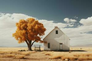 minimalismo grande due storie fienile nel campo con alberi. generativo ai foto