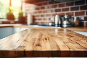 vuoto di legno tavolo e sfocato cucina sfondo. generativo ai foto