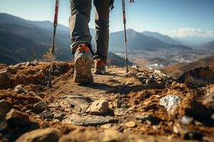 vicino su di il attività escursioni a piedi di un' gamba a piedi su alto montagna. generativo ai foto