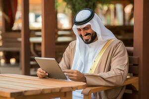 uomo indossare Arabia thob. mentre Tenere un' tavoletta riflette il suo competenza tecnologica. generativo ai foto