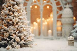 Natale inverno sfocato sfondo. natale albero con neve. generativo ai foto