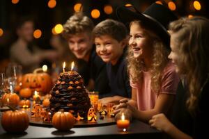 foto bambino fa zucca per Halloween, avvicinamento Visualizza. generativo ai