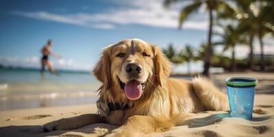 d'oro cane da riporto cane è su estate vacanza a mare ricorrere e rilassante riposo su estate spiaggia di Hawaii. ai generativo foto