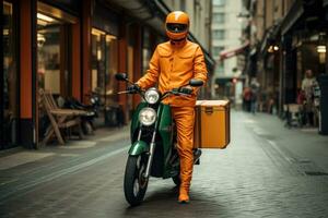 consegna persona guida scooter nel città. generativo ai foto