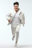 Asia maschio jogging contento e energico generazione nel bianca sfondo. generativo ai foto