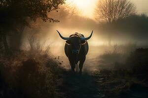 Toro nel il selvaggio, paesaggio con tramonto o Alba. neurale Rete ai generato foto