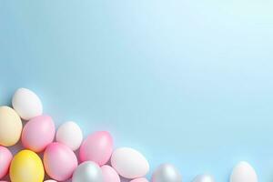 Pasqua uova su blu pastello sfondo. contento Pasqua concetto, Pasqua festa concetto. superiore Visualizza foto di Pasqua coniglietto orecchie bianca rosa blu e giallo uova su isolato pastello blu, ai generato