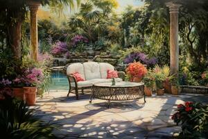 lusso all'aperto terrazza con mobilia e fiori. Vintage ▾ stile, lussuoso giardino pittura con elegante all'aperto arredamento, ai generato foto