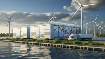 armonizzante rinnovabile energie. costiero integrazione di idrogeno, vento, e solare tecnologie. generativo ai foto