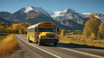 scuola autobus in mezzo montare sopris splendore. generativo ai foto