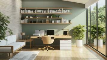 efficiente spazio di lavoro - casa ufficio interno con aria condizionatore, tavolo, del desktop computer e di legno mobiletto. generativo ai foto
