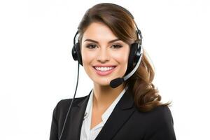 ritratto di un' donna Lavorando nel cliente servizio a un' chiamata centro, bianca backgroud . generativo ai. foto
