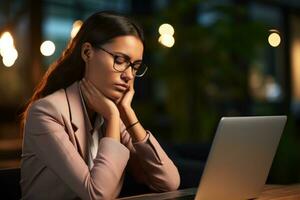 torcicollo fatica stanco attività commerciale donna seduta nel davanti di il computer portatile . generativo ai foto