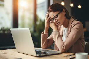 torcicollo fatica stanco attività commerciale donna seduta nel davanti di il computer portatile . generativo ai foto