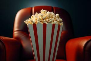 a strisce rosso scatola con Popcorn su un' distinto rosso sfondo con copia spazio, cinema e film sfondo, ai generativo foto