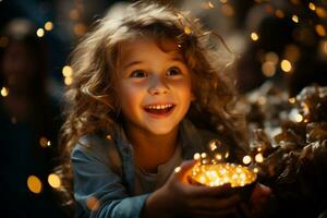 un' bambino apertura un' regalo scatola, con un' scoppiare di magico leggero e eccitazione emergente a partire dal entro. generativo ai foto