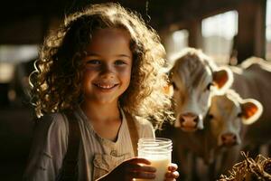 un' affascinante rurale ambientazione con il poco ragazza visitare un' latteria azienda agricola, Tenere un' bicchiere di fresco latte mentre petting un' amichevole mucca. generativo ai foto