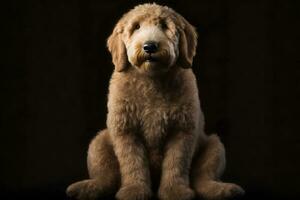 d'oro labradoodle cane su un' nero sfondo. neurale Rete ai generato foto