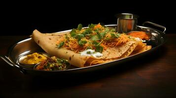 aromatico indiano cibo chiamato masala dosa su un' Vintage ▾ acciaio vassoio nel un' vivace Sud indiano bar ai generativo foto